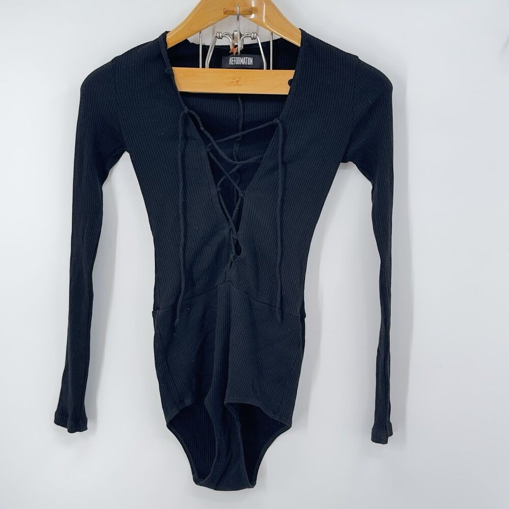 Reformation Bodysuit Womens XS Black Ribbed Cutout Thong Long Sleeve